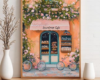 Fall Cafe Print Coffee Shop Illustration Whimsical Pastry Shop Italian Bakery Print Autumn Cafe Pink Bakery Print Fall Kitchen Wall Decor