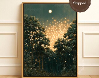 Moonlit Forest Wall Art, Enchanted Woodland Canvas, Moon and Stars Artwork, Dark Green Gold Nature Decor