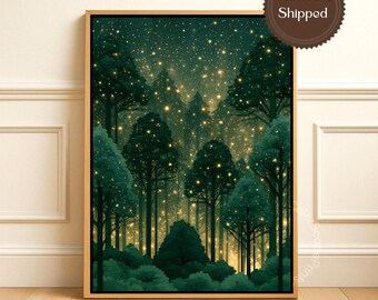 Enchanted Forest Wall Art Dark Green Gold Starry Woodland Canvas Firefly Forest Print Moody Nature Decor