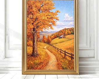 Autumn Landscape Wall Art Printable Fall Country Road Rustic Farmhouse Tree Nature Digital Download