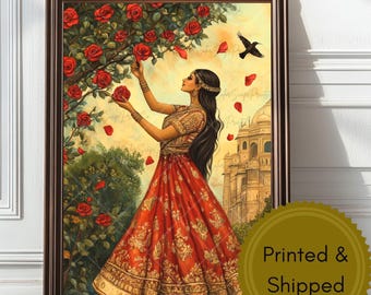 Indian Woman in Garden Art Print: Mughal Botanical Canvas