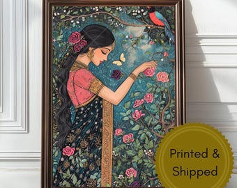 Indian Wall Art Traditional Indian Painting Indian Woman in Garden Print Classic Indian Framed Canvas Mughal Botanical Print Pichwai Decor