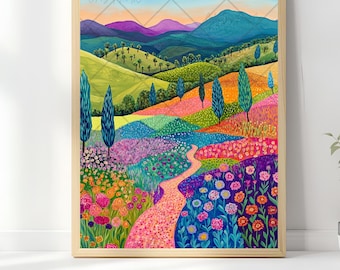 Impresión de paisaje de montaña vibrante, arte floral abstracto, paquete de arte de montaña con flores silvestres al atardecer, arte de pared colorido, paisaje natural brillante