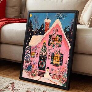 Pink Christmas House Print Winter Village Holiday Houses Decor Winter Garden Print Pink Christmas Wall Art Snowy House Print Cozy Winter Art