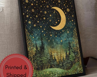 Art mural lune et étoiles, peinture forêt sombre pins, impression encadrée, décoration forêt enchantée, impression nuit enchantée, décoration murale or vert foncé