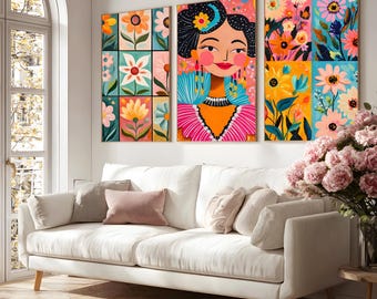 Colorful Mexican Floral Wall Art Mexican Woman Print Mexican Folk Art Print Hispanic Heritage Month Block Art Print Latin American Painting