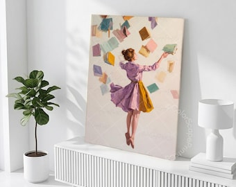 Poster da parete per amanti dei libri, stampa illustrativa di libri galleggianti, decorazione murale letteraria per biblioteca o classe, stampa artistica regalo per insegnanti