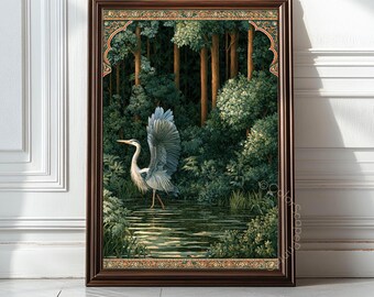 Victorian Heron Wall Art Woodland Pond Canvas Tapestry Style Blue Heron Artwork Large Living Room Over Sofa Decor