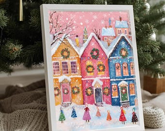 Cozy Christmas Town Printable Pink Winter Village Wall Art Holiday Home Decor Digital Download