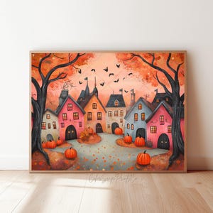 Fall Printable Wall Art Autumn Cityscape Print Cottagecore Warm Tone Fall Village Landscape Cozy Halloween Town Print Autumn Harvest Pumpkin
