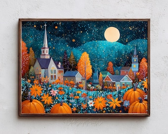 May include: A framed autumn-themed print depicts a village scene under a starry night sky. The artwork features a church, houses, orange trees, and pumpkins in a field of flowers. The color palette includes teal, orange, and yellow.