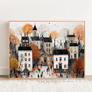 Printable Whimsical Halloween Village Wall Art Scary Pumpkin Print Warm Tone Fall Landscape Print Autumn Village Folk Art Spooky Home Decor