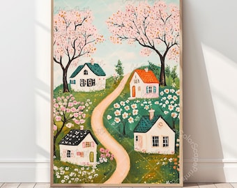 Stampa artistica Spring Village con paesaggio rurale stravagante, decorazione per cameretta (download digitale)