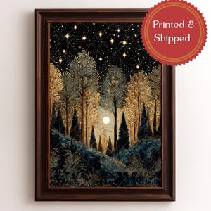 May include: Framed art print depicting a forest scene under a starry night sky. The artwork features trees in shades of gold and teal, with a full moon illuminating the center. The print is in a dark brown wooden frame.
