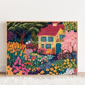 Whimsical Garden Print Flower Garden Illustration Spring Garden Art Vibrant Landscape Painting Floral Art Colorful Wall Art Bright Scenery