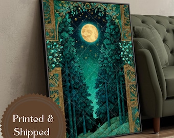 Luna e stelle, arte murale, foresta oscura, arte per soggiorno, Dark Academia, paesaggio notturno mistico, poster, luna crescente celeste, tela per camera da letto Boho