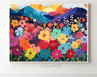 Lámina abstracta de paisaje de montaña, pintura de montaña colorida, vibrante paisaje con flores silvestres, arte mural colorido, paisaje de montaña colorido