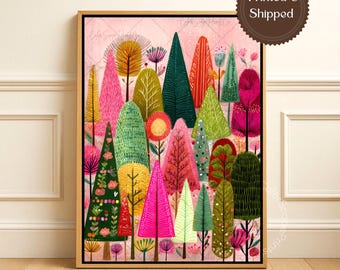 Colorful Whimsical Botanical Wall Art Canvas Pink Green Floral Forest Painting Maximalist Living Room Decor Boho Eclectic Nursery Artwork