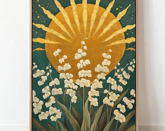 Quadro con mughetto, dipinto di fiori bianchi, poster con mughetto, fiore di nascita di maggio, regalo, stampa botanica di fiori, decorazione verde smeraldo