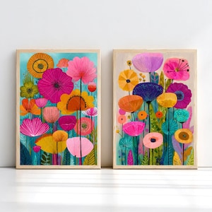 Bright Flowers Art Print Set of 2 Colorful Summer Flowers Wall Decor Modern Floral Botanical Art Floral Landscape Print Colorful Wall Art