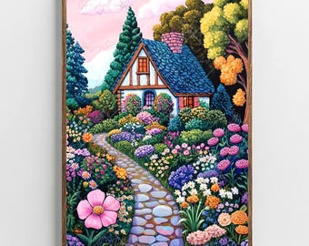 Flower Garden Illustration Whimsical Garden Print Spring Garden Art Vibrant Landscape Painting Floral Art Colorful Wall Art Bright Scenery