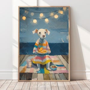 Cute Dog with Fish and Chips on Seaside Pier Print Dog in Striped Dress Print Funny Dog Print Quirky Whimsical Animal Art Coastal Wall Decor