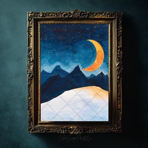 Moon and Stars Wall Art Crescent Moon in Starry Night Sky Print Enchanted Night Painting Moon Over Mountains Whimsical Golden Moon Painting