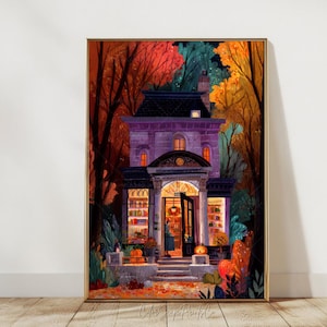 Autumn Bookstore Print Fall Bookshop Print Autumn Reading Art Print Spooky Bookstore Booklover Gift Book Reading Nook Art Bibliophile Print