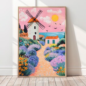 Arte mural de molino de viento costero, impresión de campo de lavanda, póster de paisaje provenzal, decoración de jardín de cabaña de verano, póster mediterráneo, cielo rosa imprimible