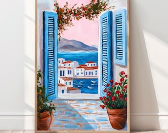 Greek Island Poster Mediterranean Balcony View Wall Art Coastal Seascape Poster Open Window Poster Coastal Home Decor Sea Landscape Painting