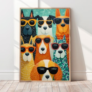 Funny Dog Wall Art Print Colorful Dog Artwork Whimsical Dog Illustration Dogs Wearing Sunglasses Print Pet Lover Gift Nursery Animal Print