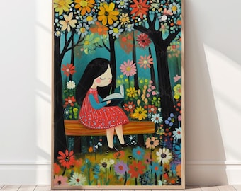 Girl Reading Print Floral Forest Art Reading Girl Art Book Lover Wall Art Colorful Reading Nook Art Whimsical Nature Print  Kids Room Decor