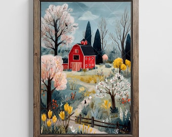 Autumn Printable Farm Art Red Barn Fall Landscape Wall Decor Cottagecore Countryside Autumn Landscape Painting Cozy Autumn Farmhouse Decor