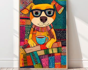 May include: A framed art print featuring a whimsical illustration of a yellow dog wearing glasses and a colorful scarf. The dog is holding a blue cup of coffee, sitting on a stack of books with a patchwork design. The artwork has a warm, inviting feel.