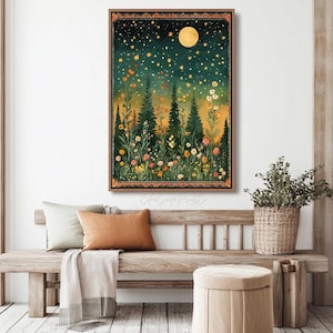 Moonlit Wildflower Garden Painting Moon and Stars Wall Art Night Sky Print Spring Meadow Print Celestial Nature Wall Decor Botanical Canvas