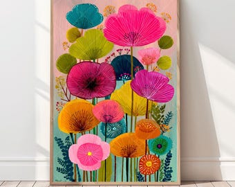 Colorful Flower Wall Art Print Vibrant Flower Field Poster Scandinavian Floral Art Bright Flower Nursery Decor Nordic Flower Folk Wall Art
