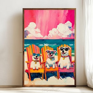 Funny Beach Dogs Wall Art Colorful Dog with Sunglasses Print Vibrant Coastal Pet Decor Summer Beach Scenery Cute Dog Poster Beach Lover Art