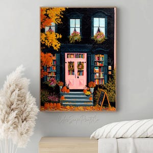Autumn Bookstore Print Fall Bookshop Print Autumn Reading Art Print Halloween Bookshop Booklover Gift Bibliophile Book art Pinkoween Decor