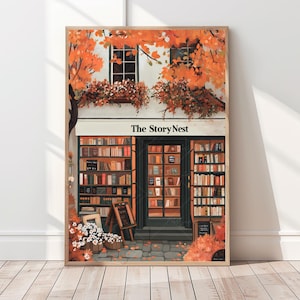 Autumn Bookstore Print Cozy Fall Bookshop Print Autumn Reading Art Print Halloween Bookshop Pinkoween Booklover Gift Bibliophile Books Print