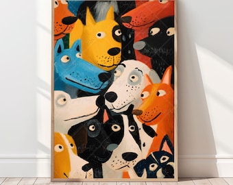 May include: A framed art print featuring a colorful illustration of various dog breeds. The dogs are depicted in a cartoon style with bright colors, including yellow, blue, orange, and black. The artwork has a playful and whimsical feel.