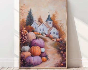 May include: A framed painting depicts a fall scene with a white house, a winding path, and pumpkins. The pumpkins are in shades of orange, purple, and white. The house has a steeple and is surrounded by trees with autumn foliage. The artwork is in a wooden frame.