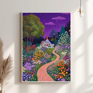 Flower Garden Illustration Colorful Landscape Print Whimsical Landscape Cottage Garden Painting Moon & Stars Print Bright Vibrant Garden Art