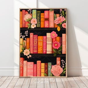 Whimsical Bookshelf Art Print Vintage Book Lover Gift Cozy Reading Nook Decor Colorful Bookshelf Art Pink Bookstore Art Cozy Library Poster