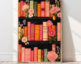 Whimsical Bookshelf Art Print Vintage Book Lover Gift Cozy Reading Nook Decor Colorful Bookshelf Art Pink Bookstore Art Cozy Library Poster
