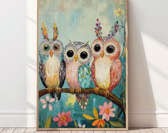 Owl Painting Spring Animal Print Colorful Owl Print Whimsical Nature Print Forest Animal Spring Nursery Art Gift for Her Over the Bed Decor