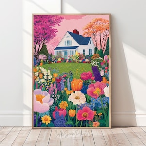 Summer Cottage Garden Print Whimsical Garden Landscape Print Colorful Flower Garden Illustration Vibrant Landscape Poster Spring Countryside