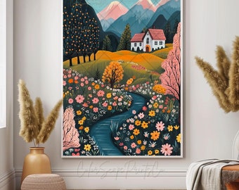 Whimsical Garden Print Vibrant Colorful Landscape Painting English Cottage Garden Mountain Print Whimsical Landscape Print Colorful Wall Art