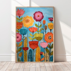 Whimsical Colorful Flower Wall Art Vibrant Summer Flowers Modern Botanical Painting Bold Floral Folk Art Print for Nursery Boho Floral Decor