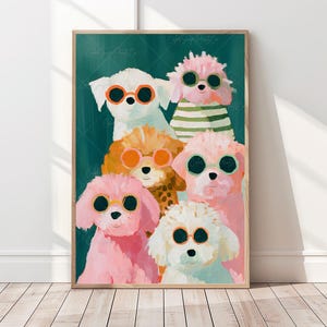 以下が含まれることがあります： サングラスをかけた、様式化された犬のグループが描かれた額入りのアートプリント。犬はピンク、白、茶色の色合いで、ティール色の背景に配置されています。サングラスはオレンジ、グリーン、ブラックのフレームです。このアートワークは、気まぐれなイラストスタイルです。