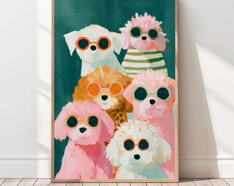 Könnte beinhalten: Ein gerahmter Kunstdruck mit einer Gruppe stilisierter Hunde mit Sonnenbrillen. Die Hunde sind in Rosa-, Weiß- und Brauntönen gehalten und vor einem teal-farbenen Hintergrund platziert. Die Sonnenbrillen haben orange, grüne und schwarze Rahmen. Das Kunstwerk hat einen skurrilen, illustrativen Stil.